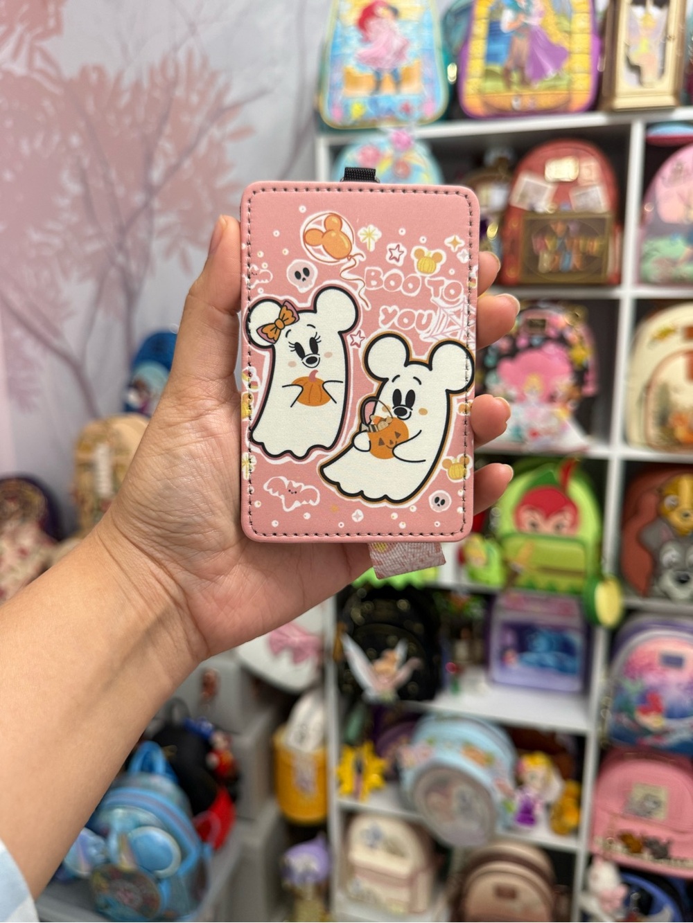 Pink Ghost Disney Minnie and Mickey Mouse Card Holder Wallet with Keyring